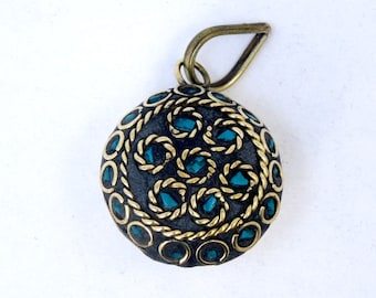 Brass Pendant-- Tibetan Brass Round Pendant with Turquoise Mosaic (S53B10-01)