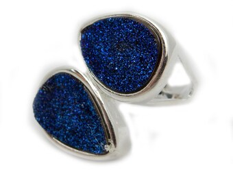 Beautiful Double Mystic Blue Teardrop Druzy Silver Plated Ring -- Ring Size 6.5 (S89B2-08)