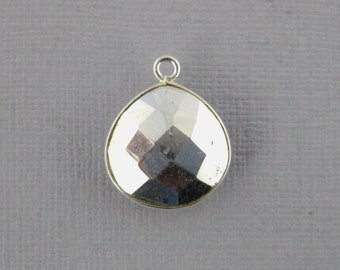 Silver Pyrite Faceted Drop Pendant- 15mm Sterling Silver Bezel Pyrite Charm Pendant (WZ-12)