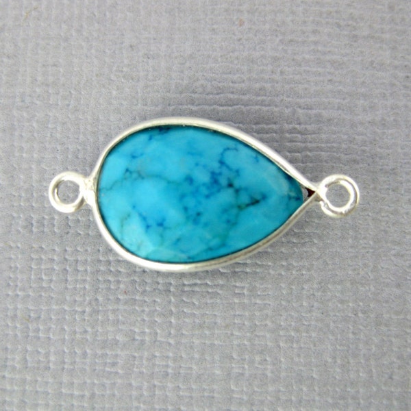 Gemstone Connector- Turquoise Station Teardrop Connector - 9mm x 13mm Silver Bezel Link - Double Bail Charm Pendant (WM-22)