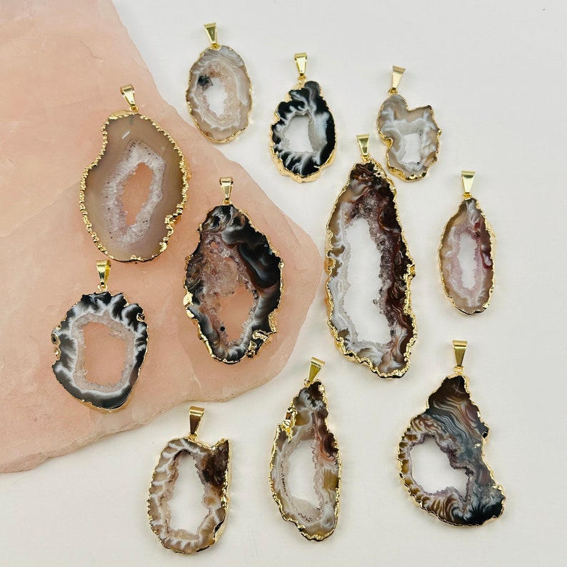 Agate Occo Geode Druzy Slice Pendant Crystal Geode with Electroplated Gold or Silver Edge S40B5 image 4
