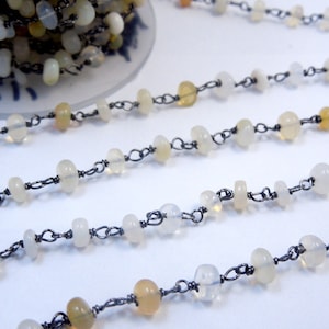 Geniune Opal Gemstone Chain - Wire Wrapped Oxidized Sterling Silver Beaded Chain PER FOOT (CHN-299)