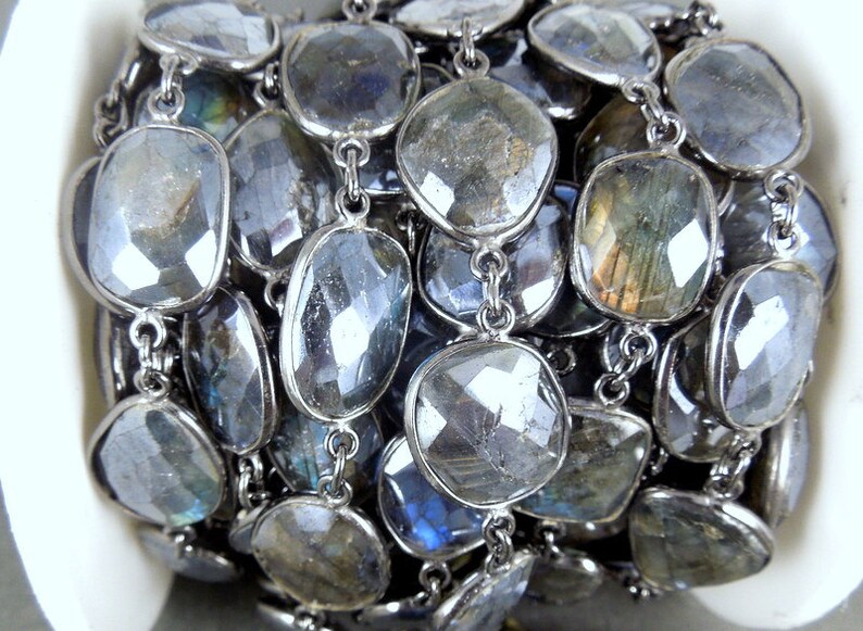 CHNROOM-04 ONE FOOT Mystic Labradorite with Black Polish Sterling Silver Bezel Station Connector Chain-