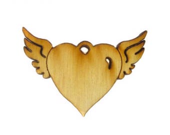 Heart Charm Pendant-- Wood Pendant- Wooden Winged Heart Charm Pendant-- Baltic Birch Petite Winged Heart Pendant (WJ-45)