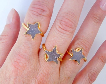 Adjustable Druzy Star Ring Electroplated in 24k Gold (S66B1-03)