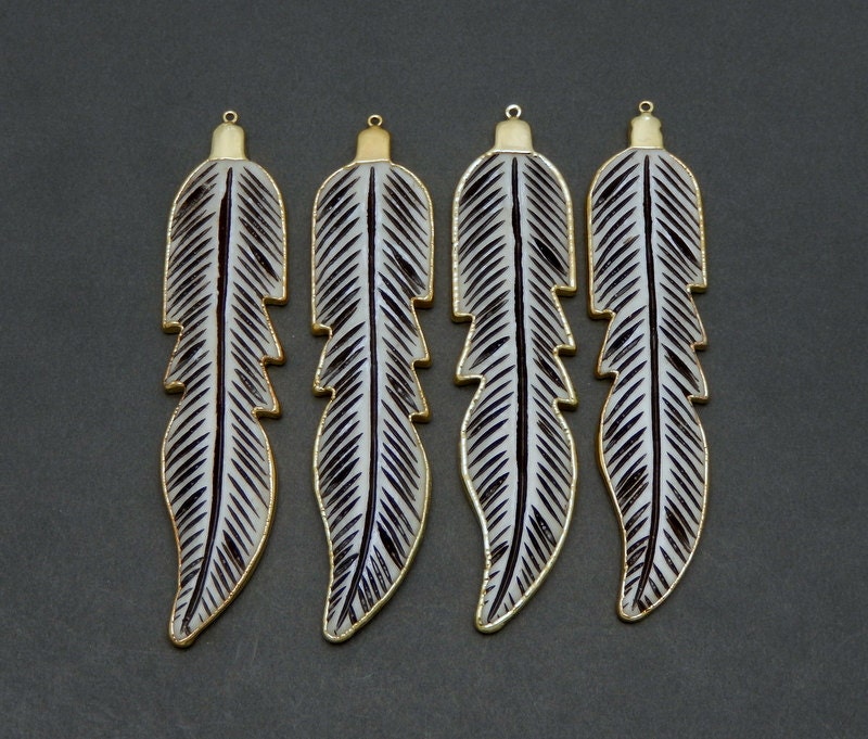 Large White Carved Boned Feather Pendant with 24k Electroplated Gold Cap and Edge (S4B8-15)