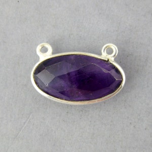 Bezel Connector- Amethyst Station Oval Connector- 16mm x 8mm Sterling Silver Bezel Link - Double Bail Charm Pendant (S8B5-02)