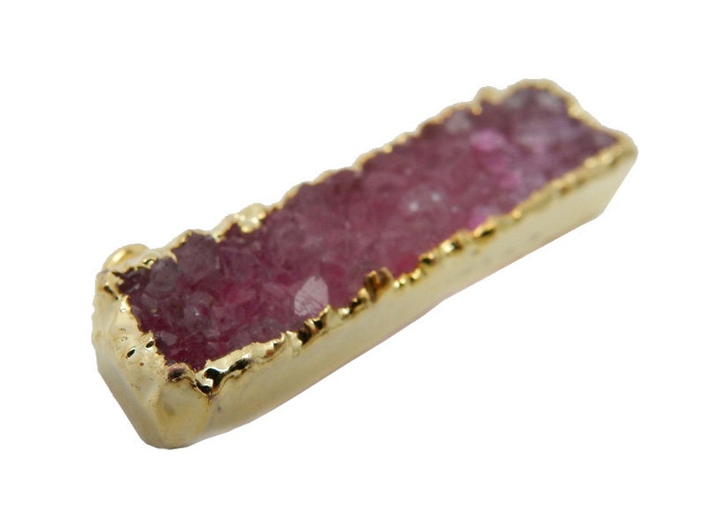 Pink Druzy Rectangle Bar Double Bail Connector Pendant with 24k Gold Electroplated Edges S94b11-07
