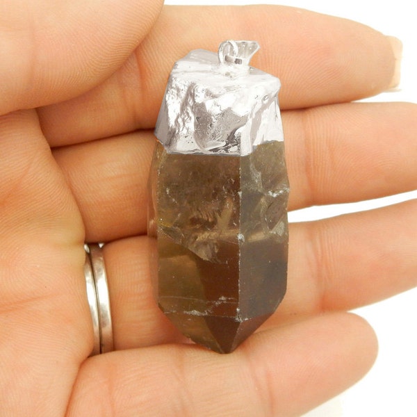 5 Large Smokey Quartz Point Pendant with Electroplated Silver Cap and Bail - BULK LOT OF 5 (S101B3)