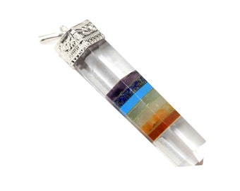 Crystal Quartz Seven Chakras Point Pendant with Silver Tone Bail S13B10-01