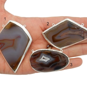 Agate Pendant Silver Electroplated Edge --- Brown Agate Slice Connector Pendants - YoU CHooSE (Lot S-501)
