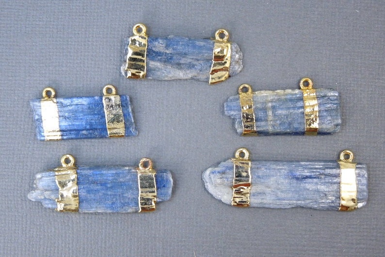 Raw Blue Kyanite Double Bail Pendant Charm with 24k Gold Electroplated Bands S2B10-08 image 3