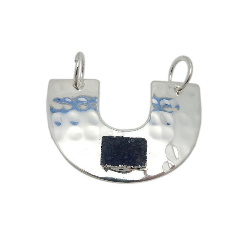 S118B7-14 Large U Crescent Double Bail Pendant with Rectangle Druzy Accent and Electroplated Silver
