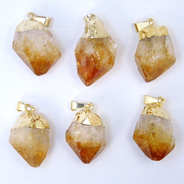 5 Citrine Point Pendant--  Raw Citrine Nugget with 24k Gold Electroplated Cap--  BULK LOT of 5 (S122B1)