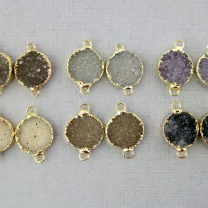 Druzy Drusy Round Connector Pendant with 24k Gold Electroplated Edge- Druzy Double Bail station connector link charm- 1 PAIR (S18b4-08)