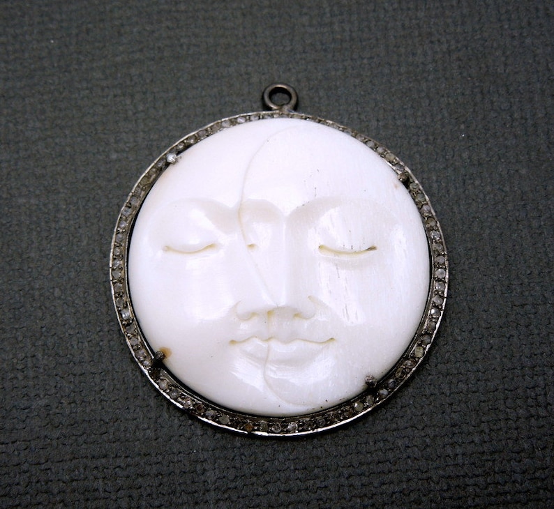 EX20-07D Round Moon Face Pendant in an Oxidized Sterling Silver and Pave Diamond Bezel Pave Diamond and Round Carved Bone Pendant