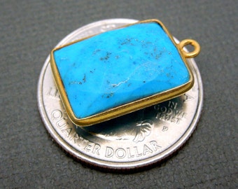 Turquoise Station Rectangle Charm Pendant - 16mm x 12mm Gold over Sterling Silver Bezel Single Bail Charm Pendant (S38B11-12)