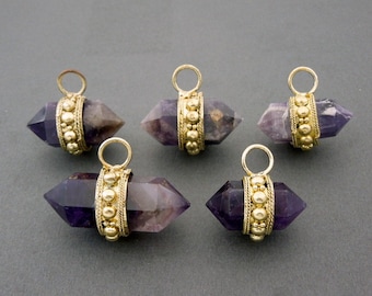Amethyst Quartz Nugget Pendant  -- Double Terminated Nugget with Dotted Brass Edge and Bail - (S20B12-01)