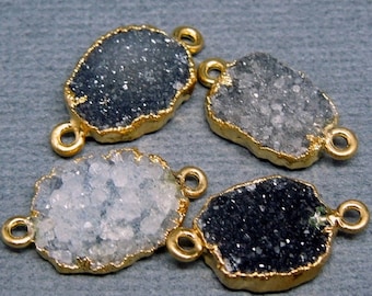 Dark Quartz Druzy  Petite Double Bail Freeform Pendant with Gold Electroplated Edge - Double Bail Connector Link (S28B4-09)