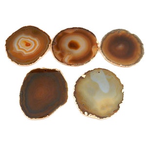 Drilled Plated  Agate Slice -  Large Brown Agate Slice Druzy Bead Pendant with Electroplated 24k Gold Edges  (S63B11)
