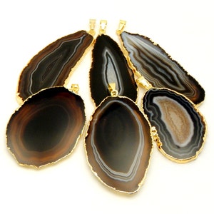Black/Brown Agate Slice Druzy Pendant Electroplated with 24k Gold Edges - Drusy Agate Slice Pendant - (S4)