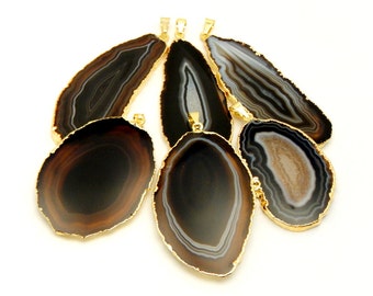 Black/Brown Agate Slice Druzy Pendant Electroplated with 24k Gold Edges - Drusy Agate Slice Pendant - (S4)