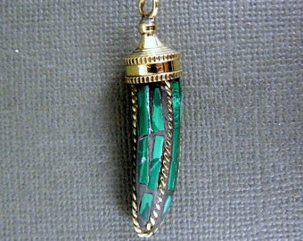 Horn Pendant Bohemian Style Mosaic and Brass Horn Pendant-- Malachite (S30B4-04)