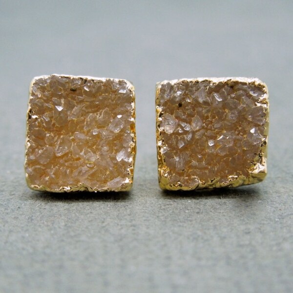 Square Druzy Stud Earrings in 24k gold electroplated (S14B3-01)