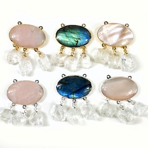Oval Gemstone Double Bail Pendant w/ Crystal Quartz Chunks Electroplated 24k Gold/Silver (S56B3)