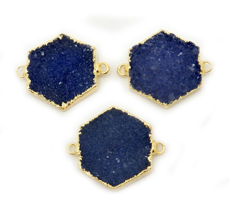 Druzy Hexagon Dyed Blue Druzy Double Bail Pendant with Electroplated 24k Gold Edge Stunning High Quality Druzy S88B1-07