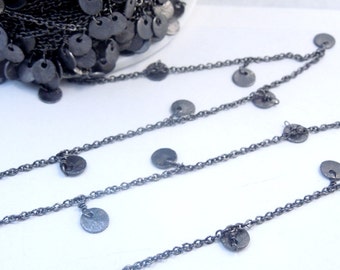Oxidized Silver Plated Chain with Dangling Oxidized Silver Plated 8mm Coin Charms -- 1 FOOT (CHN-388)