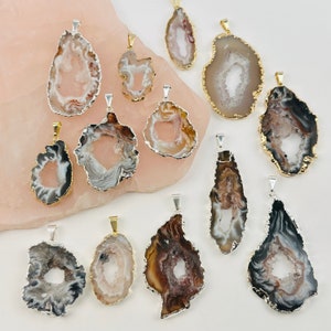 Agate Occo Geode Druzy Slice Pendant Crystal Geode with Electroplated Gold or Silver Edge S40B5 image 2