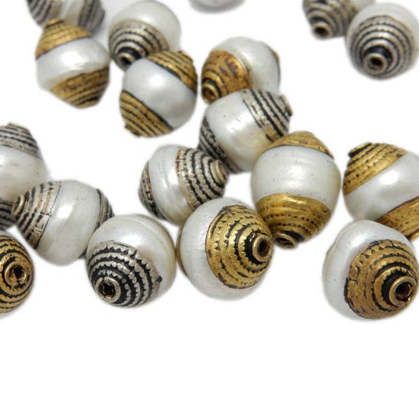 Tibetan Beads- Beautiful Round Pearl with Gold or Silver Toned Brass Caps Tibetan Beads- TWO BEADS (S121B9)