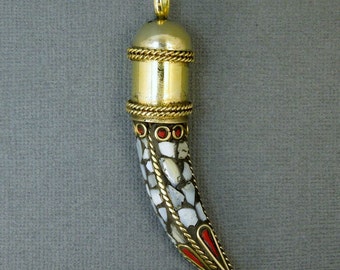 Tibetan Mosaic and Brass Horn Pendant-- Mother of Pearl and Red Coral (S30B8)