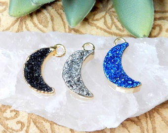 Petite Mystic Druzy Crescent Moon Pendant with Electroplated 24k Gold or Silver Edge (S86B24)