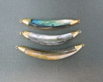 Abalone Sideways Horn Double Bail Pendant -  Abalone Connector with Electroplated 24k Gold Caps and Bails (S3B3-08)