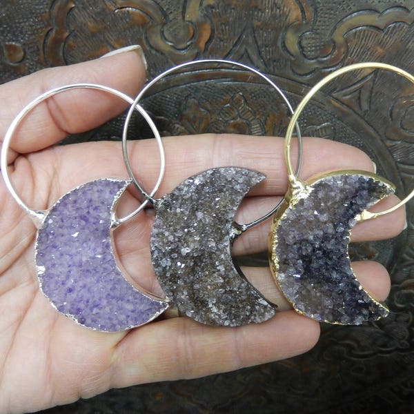 Amethyst Druzy Moon Pendant Electroplated Edge and Fancy Large Bail - YOU CHOOSE - Silver, Gold or Gun Metal Finish (S129B3)