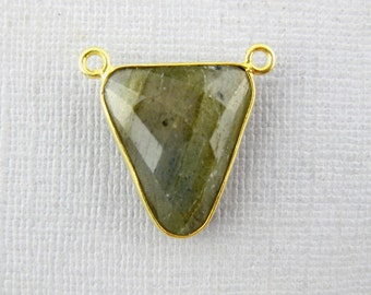 Bezel Connector- Labradorite Station Triangle Connector - 17mm x 15mm Gold Vermeil Bezel Link Double Bail Charm Pendant (WU-15)