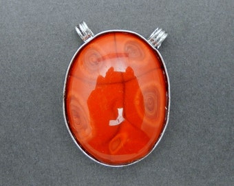 Orange Colored Oval Double Bail Pendant With Silver-toned Edge and Bails (S20B22-02)