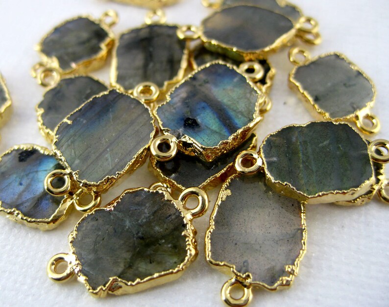 Labradorite Petite Freeform Double Bail Connector Charm Pendant with 24k Gold Electroplated Edge (S28B4-17)