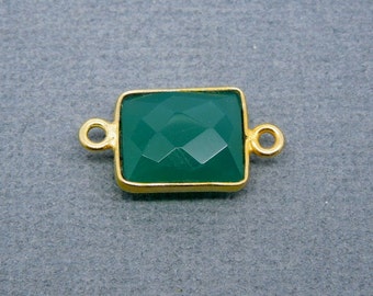 Green Onyx Bezel Rectangle Connector -12mm x 9mm Gold Over Sterling Bezel Link - Double Bail Charm Pendant (GL-205)