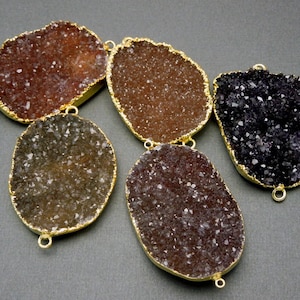 Large  Dark Colored Freeform Double Bail Druzy Pendant Connector edged in Electroplated 24k Gold -- Highest of Quality Druzy FRD (S51B3-04)