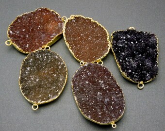 Large  Dark Colored Freeform Double Bail Druzy Pendant Connector edged in Electroplated 24k Gold -- Highest of Quality Druzy FRD (S51B3-04)