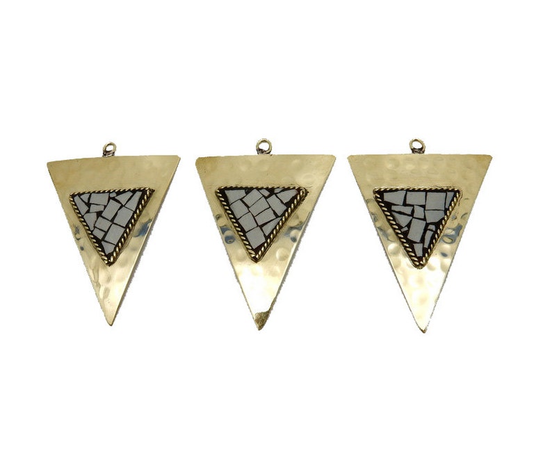 Hammered Brass Triangle Pendant with White Howlite Mosaic S52B16b-03 image 2