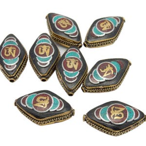 Tibetan Bead - Large Tibetan OM bead - Brass - Sterling Silver - Red Copal, Turquoise, and Brass - Filligree edging (S121B8-08)