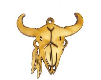 Buffalo Skull Wood Charm Pendant-- Baltic Birch Wood Buffalo Skull Charm Pendant (WJ-63)