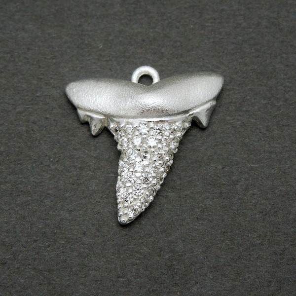Shark Tooth Small Charm Pendant Solid Sterling Silver Charm with Rhinestone Pave (LA-59)
