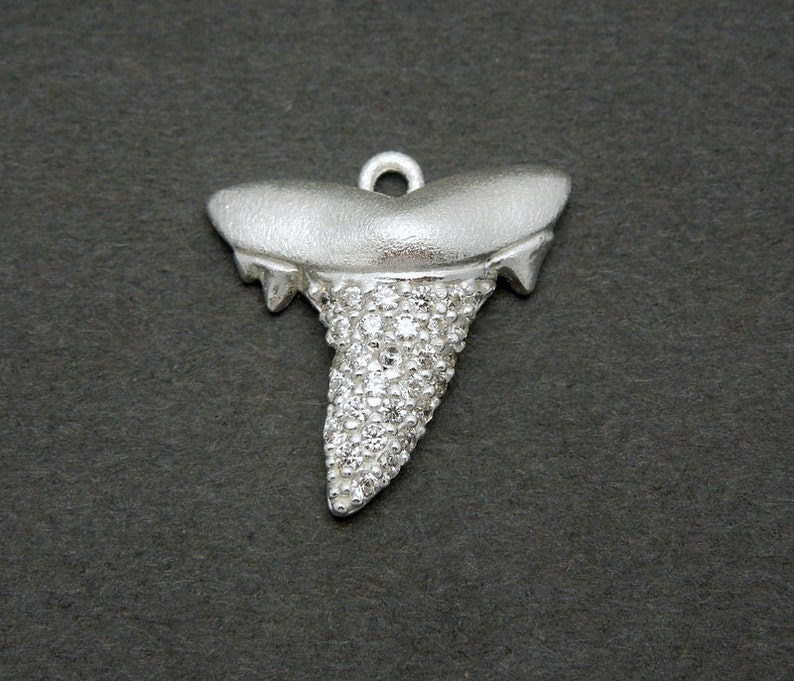 Shark Tooth Small Charm Pendant Solid Sterling Silver Charm with Rhinestone Pave LA-59 image 1