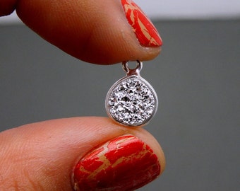 Druzy Bezel Drop Charm Pendant -- 8mm Platinum Color Druzy in a Silver Plated Heart Shaped Bezel (S24B7-08)