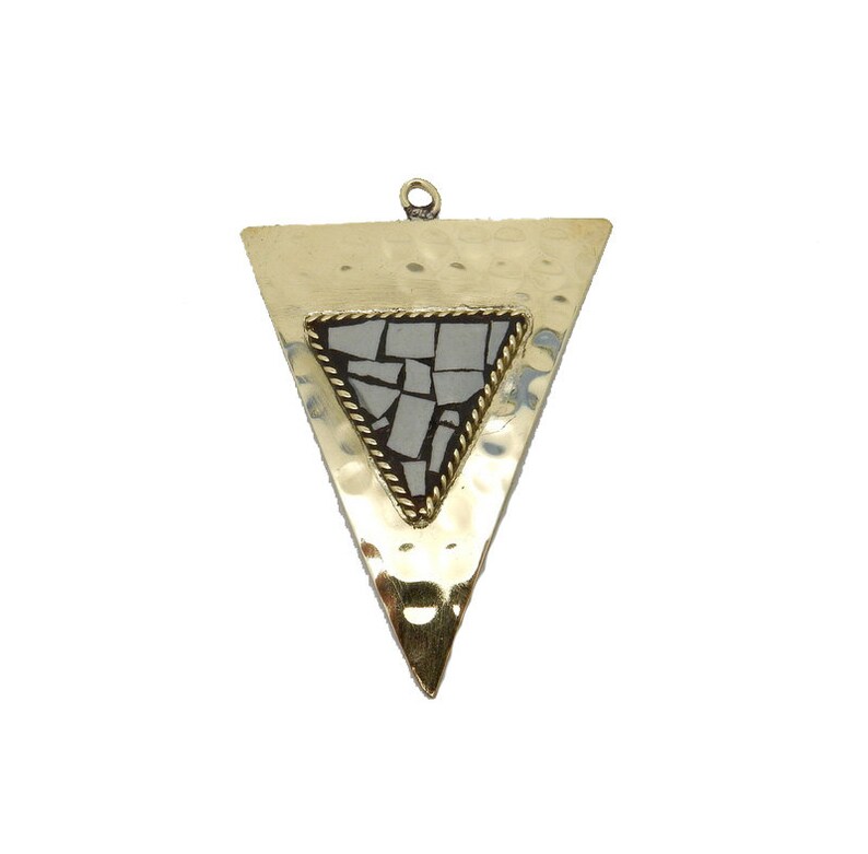 Hammered Brass Triangle Pendant with White Howlite Mosaic S52B16b-03 image 1